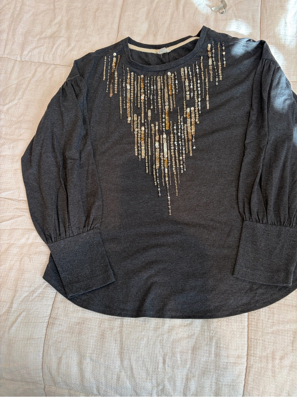 Anthropologie Charcoal Sequin-Embellished Top